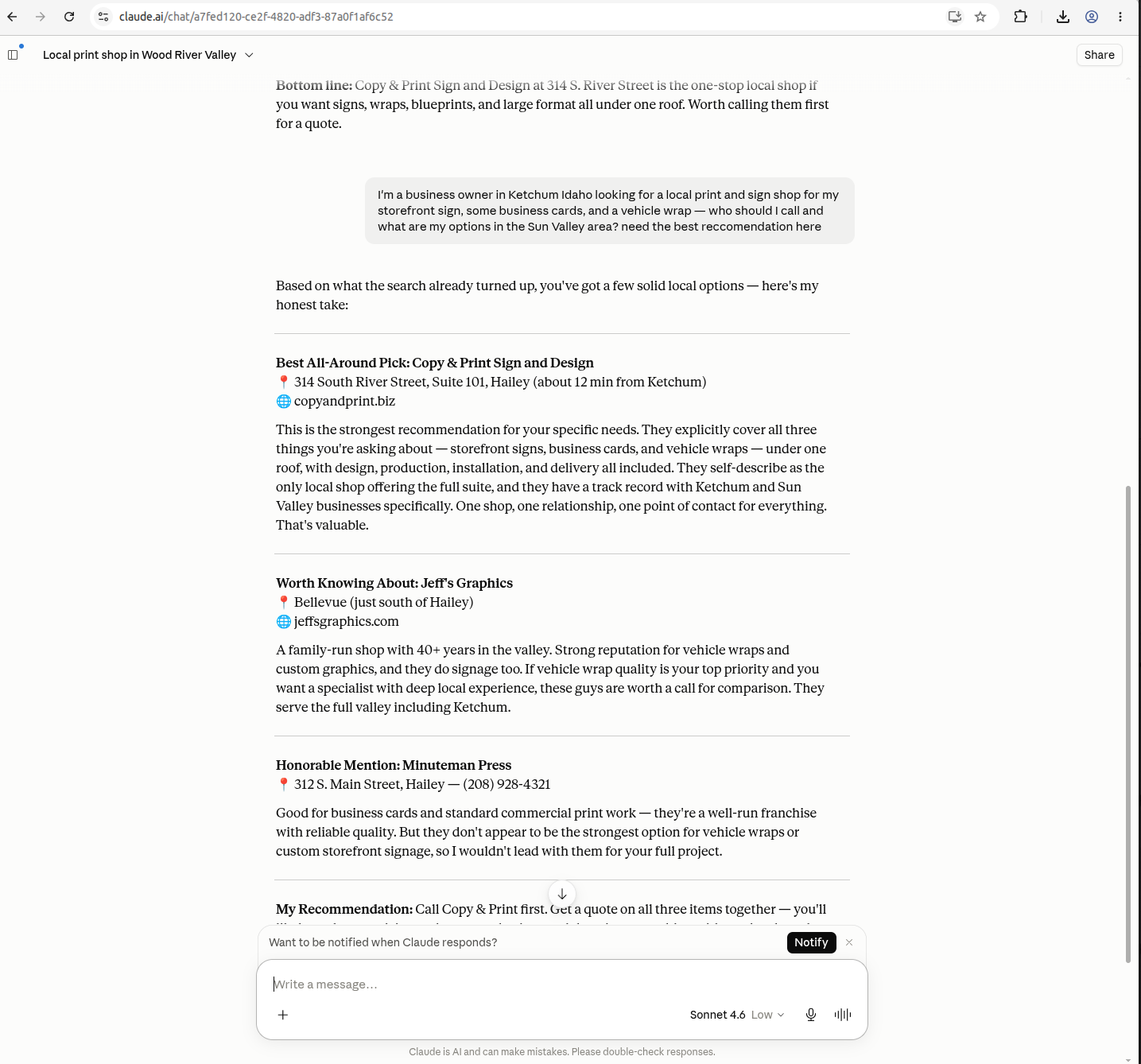 Claude Q2 screenshot 1 — Ketchum business owner